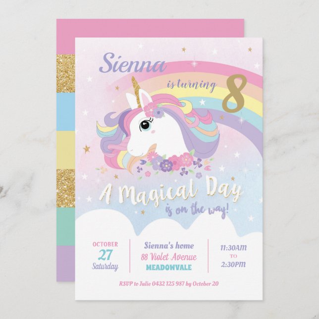 Unicorn Birthday Invitations Rainbow Girl (Front/Back)