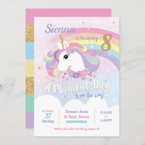 Unicorn Birthday Invitations Rainbow Girl