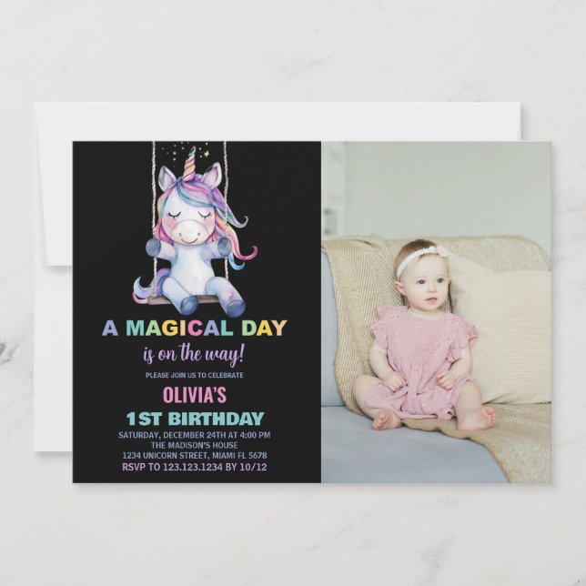 Unicorn Birthday Invitations with photo (Front)