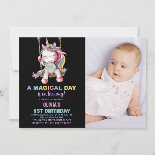 Unicorn Birthday Invitations with photo (Front)