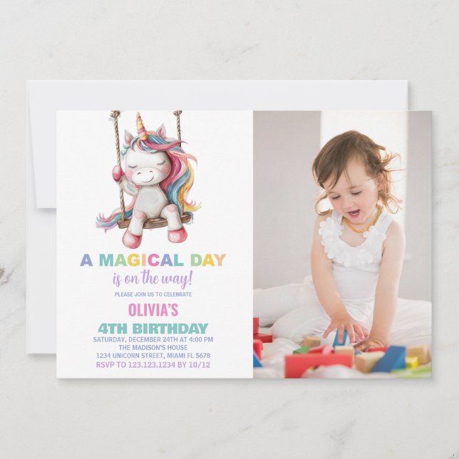 Unicorn Birthday Invitations with photo (Front)