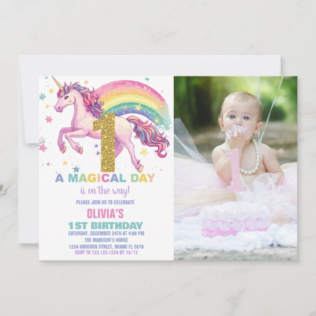 Unicorn Birthday Invitations with picture (Front)