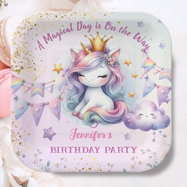 Unicorn Birthday Invite Girl Pink Gold Purple Paper Plates (Creator Uploaded)
