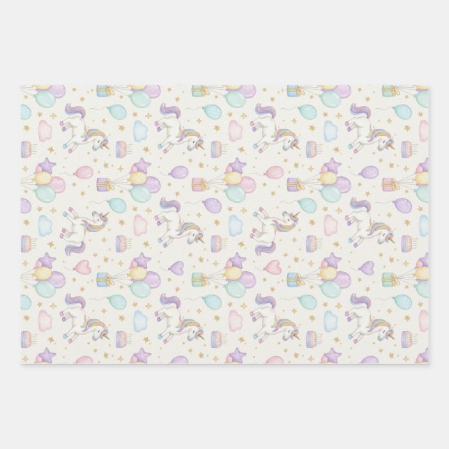 Unicorn Birthday Magic – Pastel Balloons & Cakes  Wrapping Paper Sheets (Front)