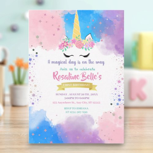 Unicorn Birthday  Magical Invite Girl Gold