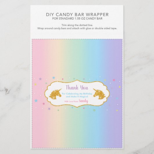 Unicorn Birthday Party 1.55 oz Candy Bar Wrapper (Front)