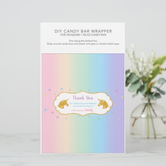 Unicorn Birthday Party 1.55 oz Candy Bar Wrapper (Standing Front)