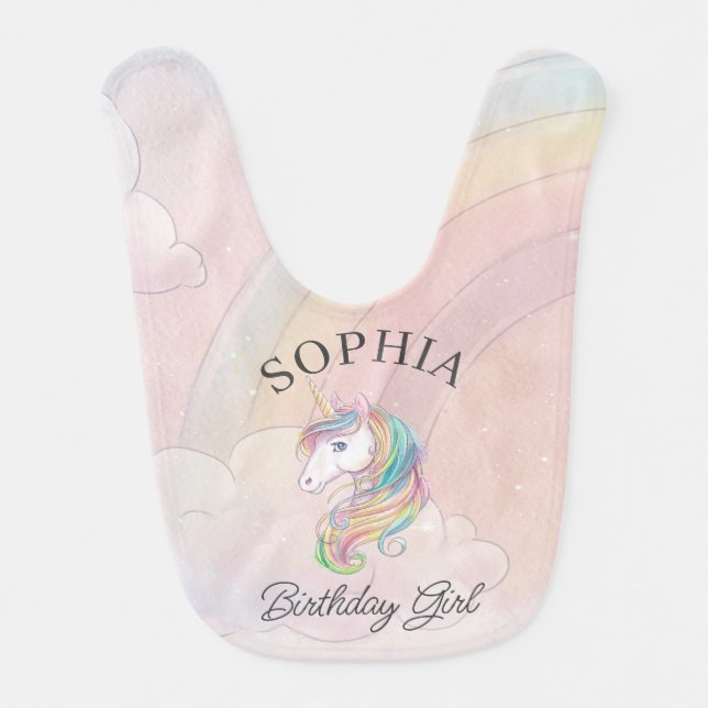 unicorn birthday party birthday girl baby bib (Front)