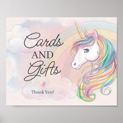 Unicorn birthday party cards and gifts sign