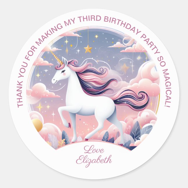  Unicorn Birthday Party Classic Round Sticker (Front)