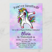 Unicorn Birthday Party Dabbing Unicorn Invitation