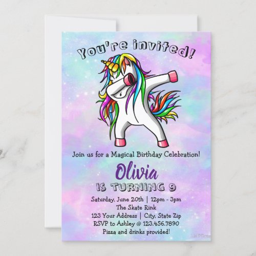 Unicorn Birthday Party Dabbing Unicorn Invitation