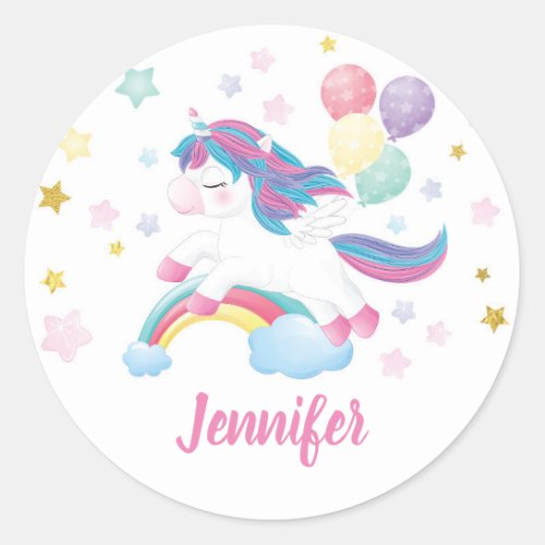 Unicorn Birthday Party Favor Customised Name Classic Round Sticker