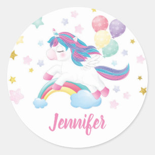 Unicorn Birthday Party Favor Customised Name Classic Round Sticker