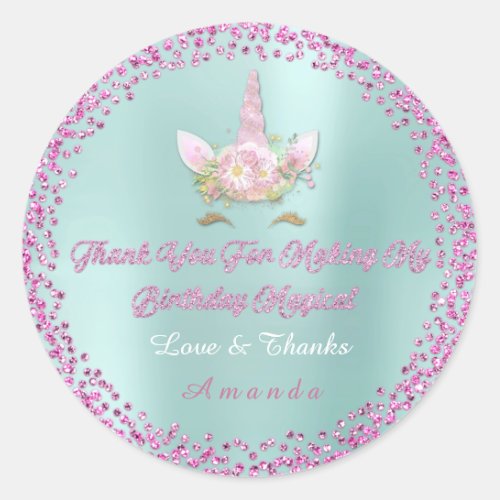 Unicorn Birthday Party Favor Thank Confetti Pink Classic Round Sticker