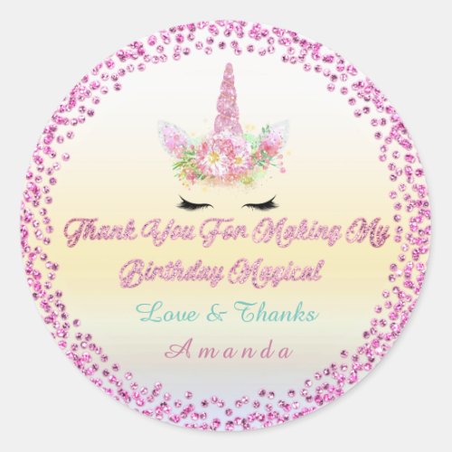 Unicorn Birthday Party Favor Thank Ombre Pink Classic Round Sticker