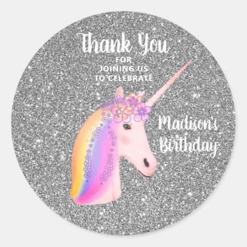 Unicorn Birthday Party Favor Thank You Glitter Classic Round Sticker