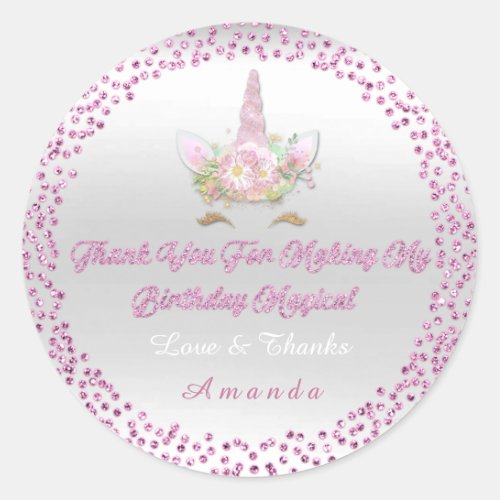 Unicorn Birthday Party Favor Thank YouGlitter Pink Classic Round Sticker