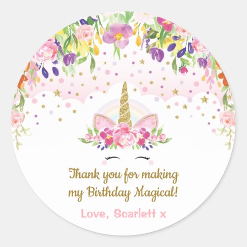 Unicorn Birthday Party Favors Pink Gold Floral Classic Round Sticker
