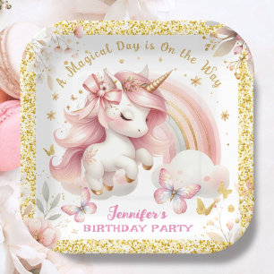 Unicorn Birthday Party Girl Blush Pink & Gold Paper Plates