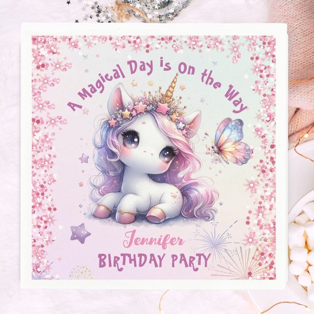 Unicorn Birthday Party Girl Pink Purple Paper Napkins (Creator Uploaded)