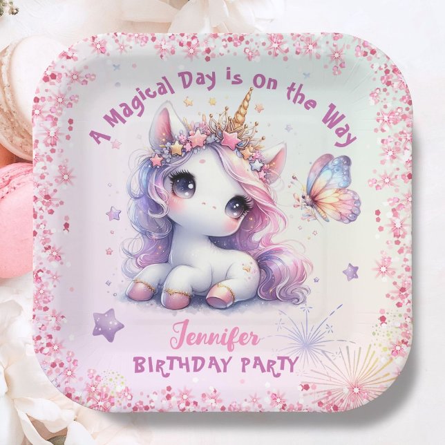 Unicorn Birthday Party Girl Pink Purple Paper Paper Plates (Creator Uploaded)