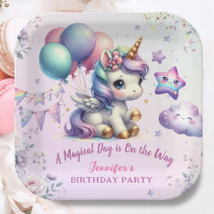 Unicorn Birthday Party Girl Purple & Gold Paper  Plates