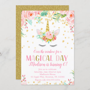 Unicorn Birthday Party Gold Glitter Flowers Invitation