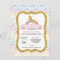 Unicorn Birthday Party Gold Glitter Rainbow Invitation