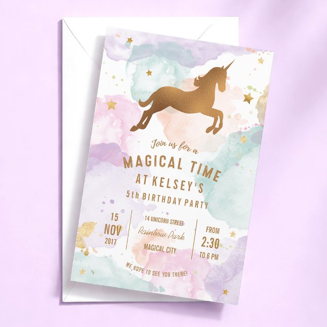 Unicorn Birthday Party Invitation (rainbow pastel watercolour unicorn birthday party invitation)