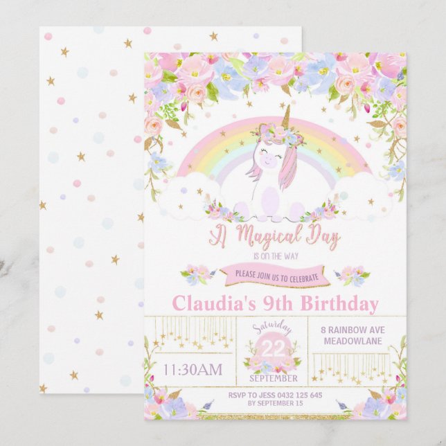 Unicorn Birthday Party Invitation Floral Rainbow (Front/Back)