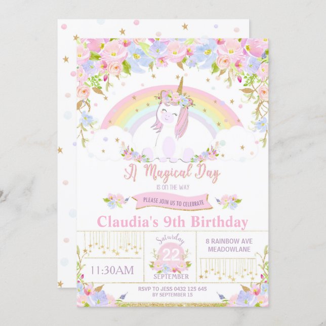 Unicorn Birthday Party Invitation Floral Rainbow (Front/Back)
