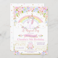 Unicorn Birthday Party Invitation Floral Rainbow