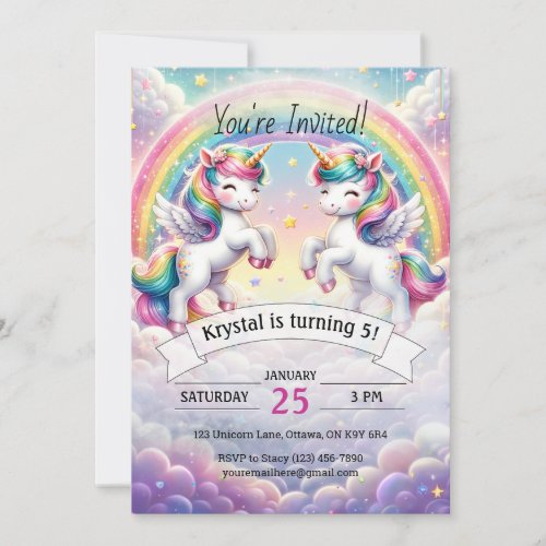 Unicorn birthday party invitation for girls