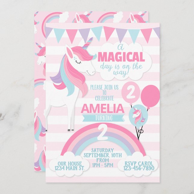 Unicorn Birthday Party Invitation Invite (Front/Back)