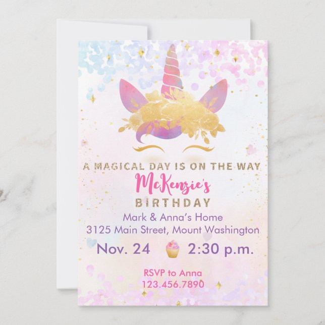 Unicorn Birthday Party Invitation Magical Metallic (Front)