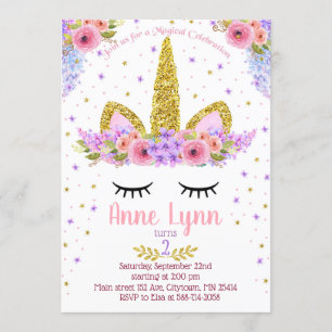 Unicorn Birthday party invitation purple and pink