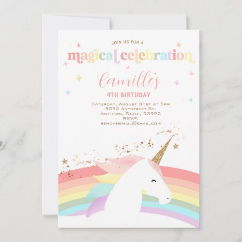 Unicorn birthday party invitation rainbow modern