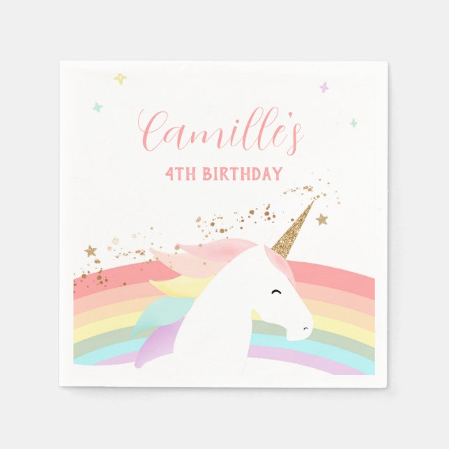 Unicorn birthday party invitation rainbow modern napkins (Front)