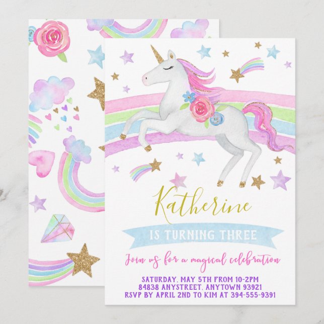 Unicorn birthday party invitation rainbows unicorn (Front/Back)