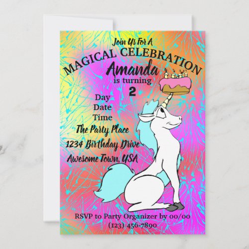 Unicorn Birthday Party Invitation Turquoise Pink 