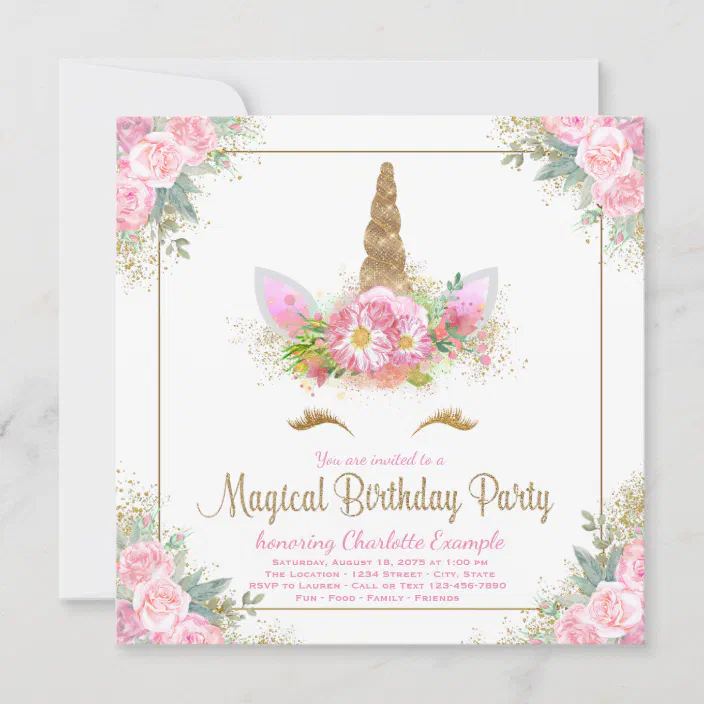 Floral Unicorn Horn Invitation Unicorn Invitation with Flowers Gold Horn Unicorn Party Invitation Unicorn Horn Invitation