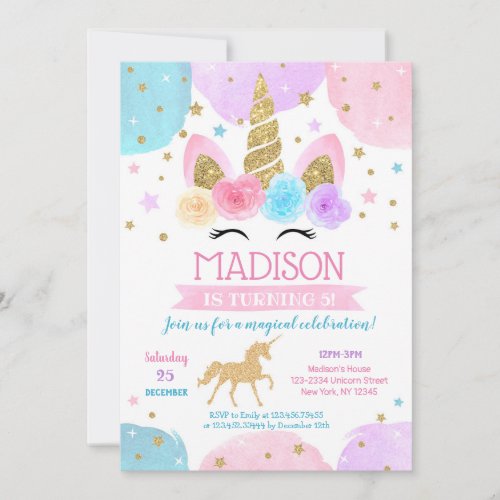 Unicorn Birthday Party Invitations 1st 2nd 3rd