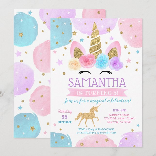 Unicorn Birthday Party Invitations Rainbow (Front/Back)