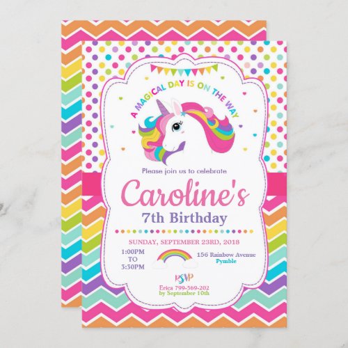 Unicorn Birthday Party Invitations Rainbow