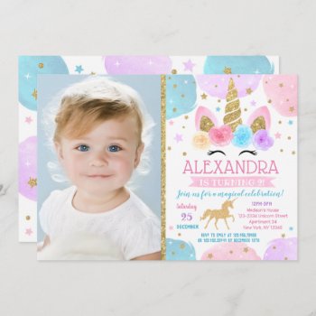 Unicorn Birthday Party Invitations With Photo by SugarPlumPaperie at Zazzle