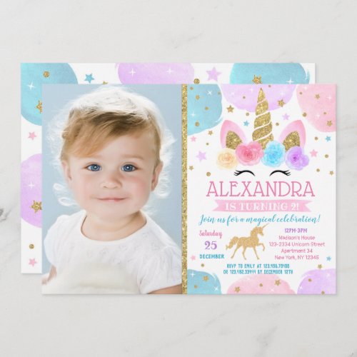 Unicorn Birthday Party Invitations with Photo 