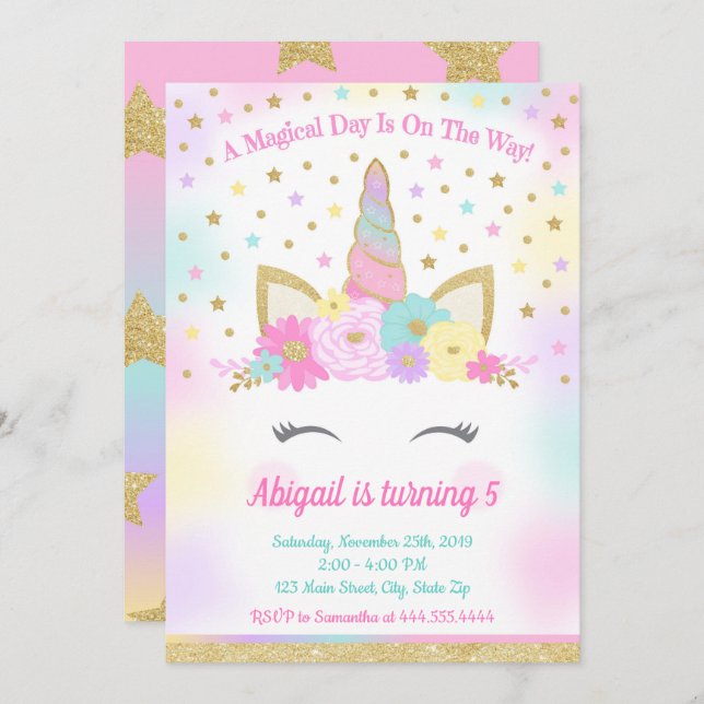 Unicorn Birthday Party Magical Rainbow Unicorn Inv Invitation (Front/Back)