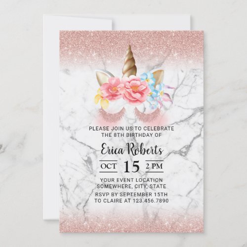 Unicorn Birthday Party Modern Rose Gold Marble Invitation