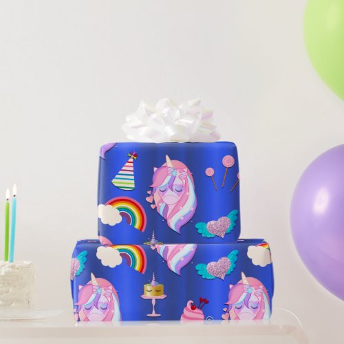 Unicorn Birthday Party on Blue Wrapping Paper